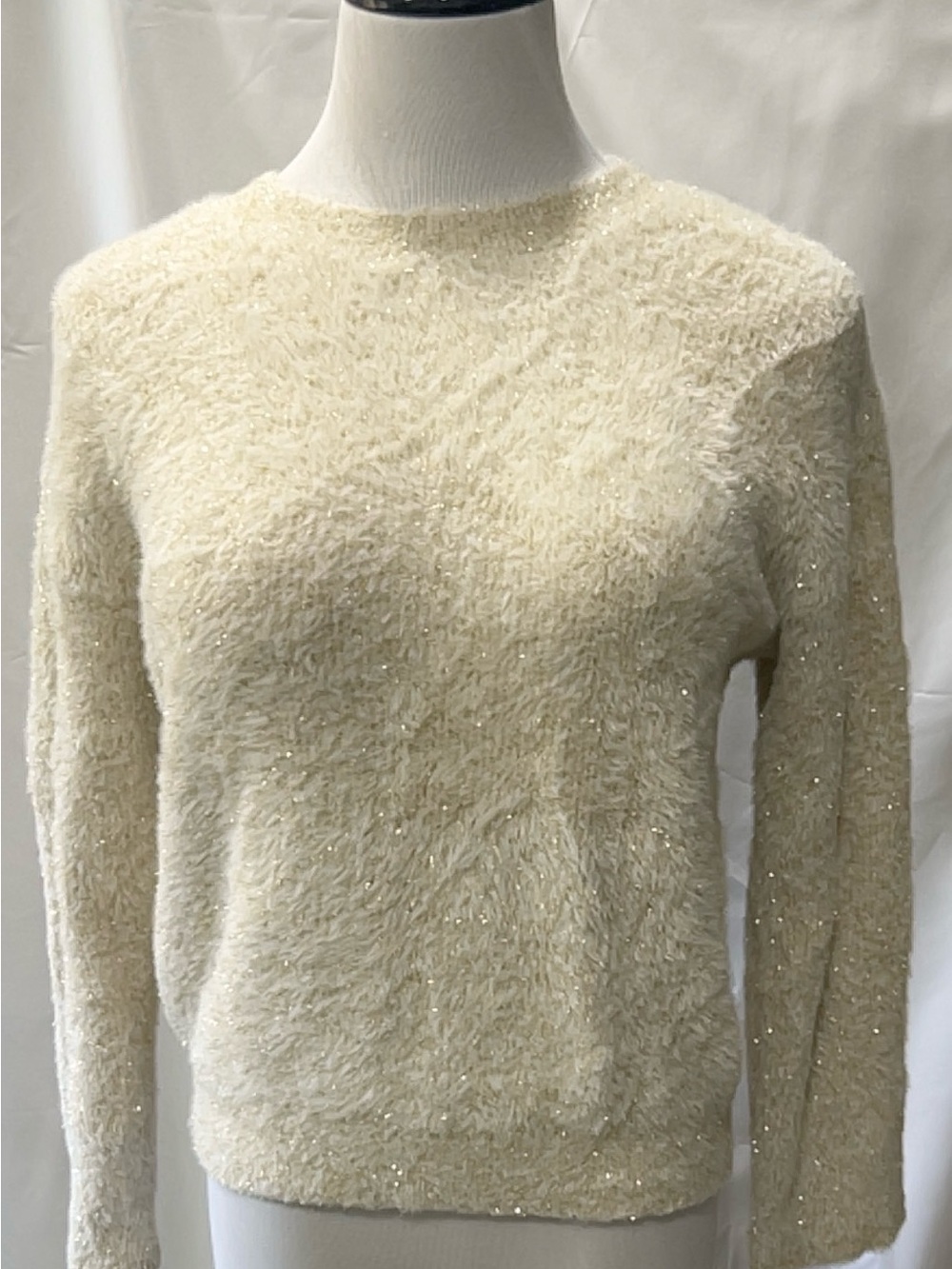 LOFT Cream Shimmer Fuzzy Eyelash Long Sleeve Crewneck Pullover Sweater Small